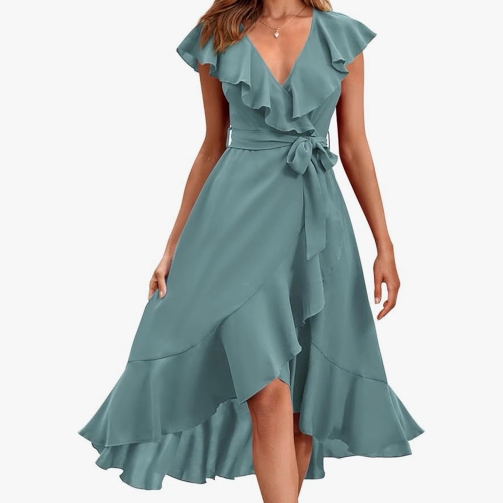 Flutter-Sleeve Wrap High-Low Dress in Teal Green